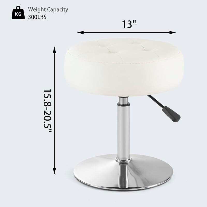 White PU Leather Swivel Vanity Stool – Adjustable Tufted Round Makeup Chair