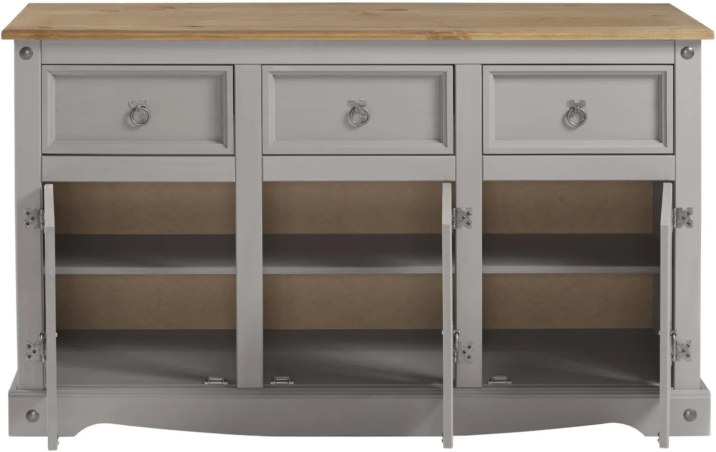 Grey Solid Pine Sideboard Cabinet 3 Door 3 Drawer Large Storage Unit