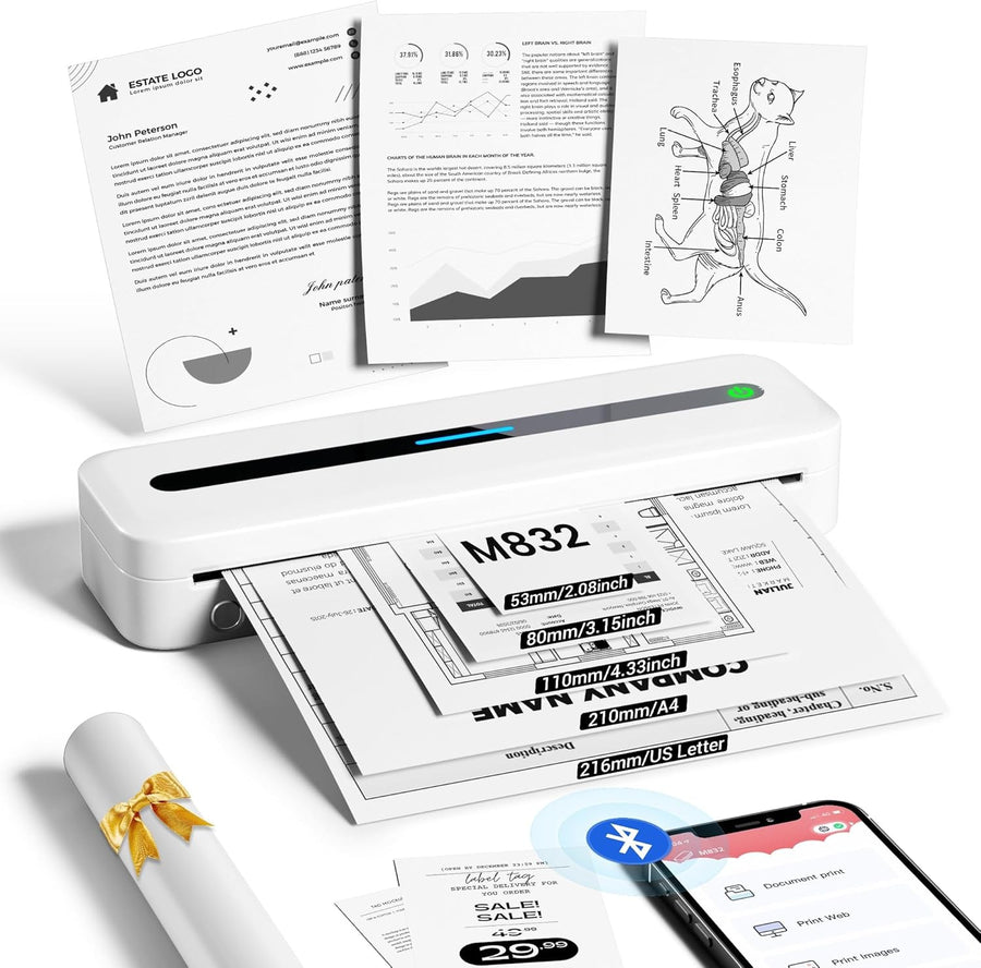 Portable A4 Thermal Printer Wireless Inkless Bluetooth USB