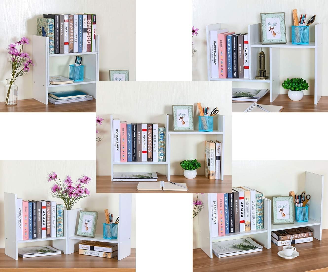 Adjustable White Wood Desktop Bookshelf 3-Tier Desk Organizer Storage