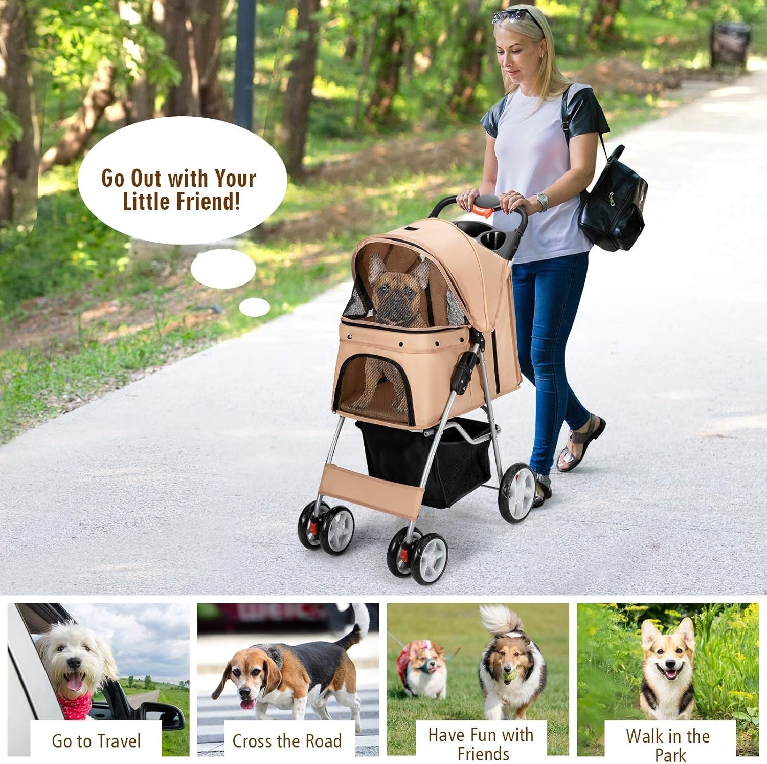 Foldable Pet Stroller 4 Wheel Lockable Dog Cat Travel Pushchair Safety