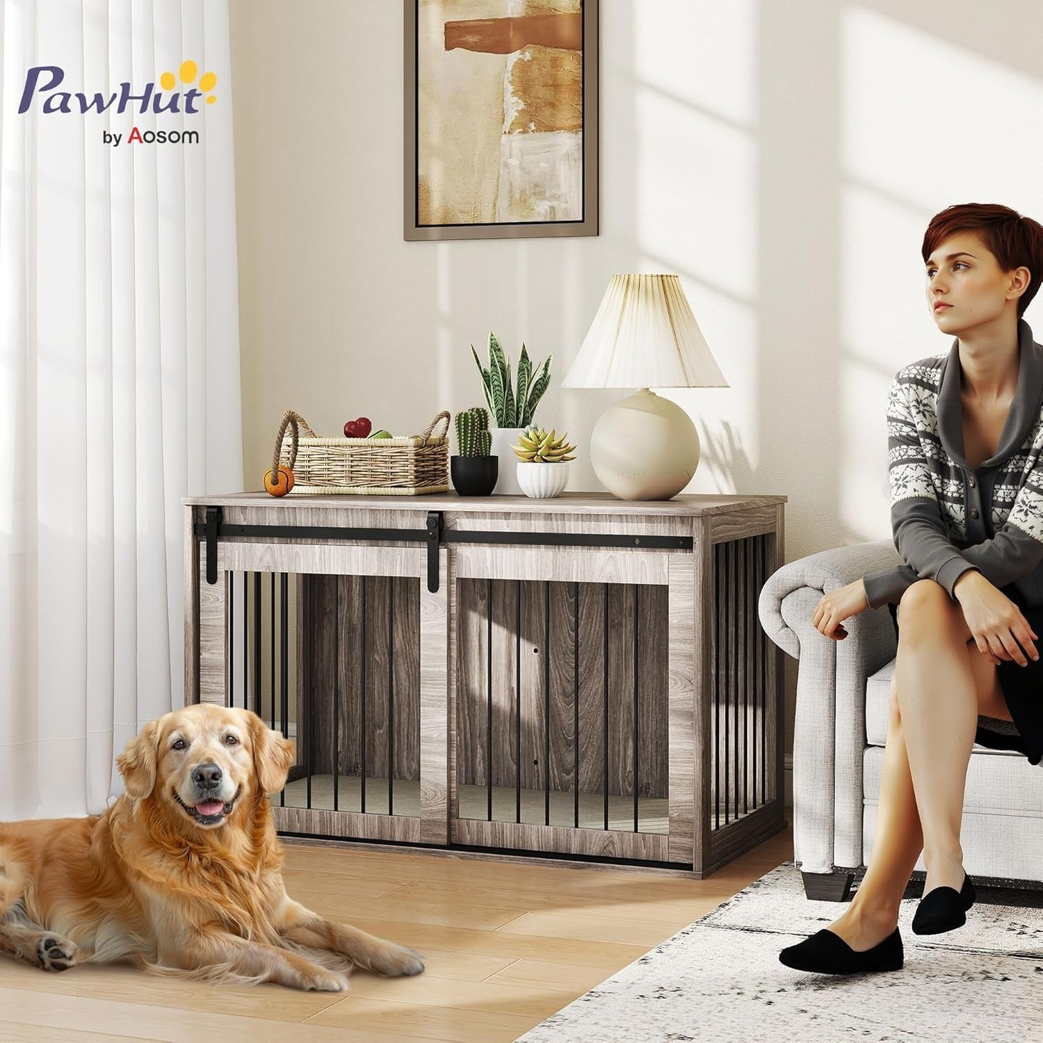 Heavy Duty Extra Large Dog Crate Furniture with Sliding Barn Door & Cushion