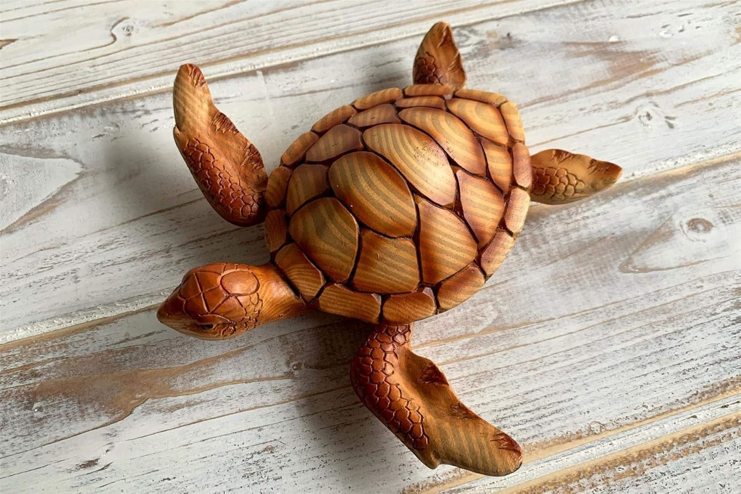 Nautical Wood Effect Turtle Ornament 18cm • Coastal Sea Life Decor