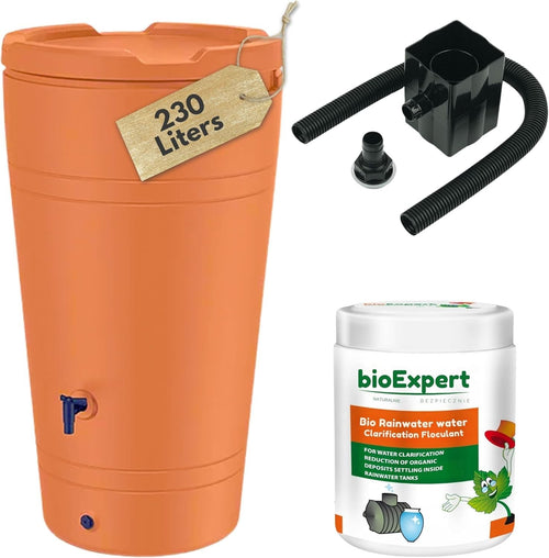 230L Cone Rainwater Butt With Tap Diverter Bio Cleaner Terracotta Garden