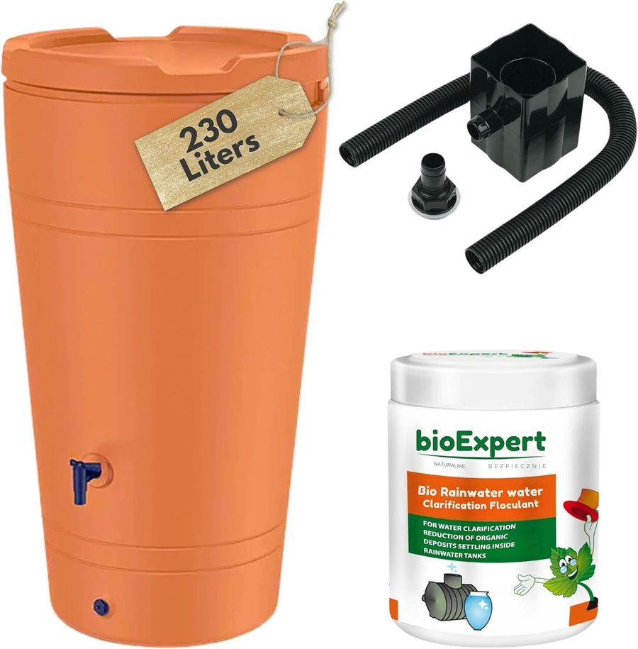 230L Cone Rainwater Butt With Tap Diverter Bio Cleaner Terracotta Garden