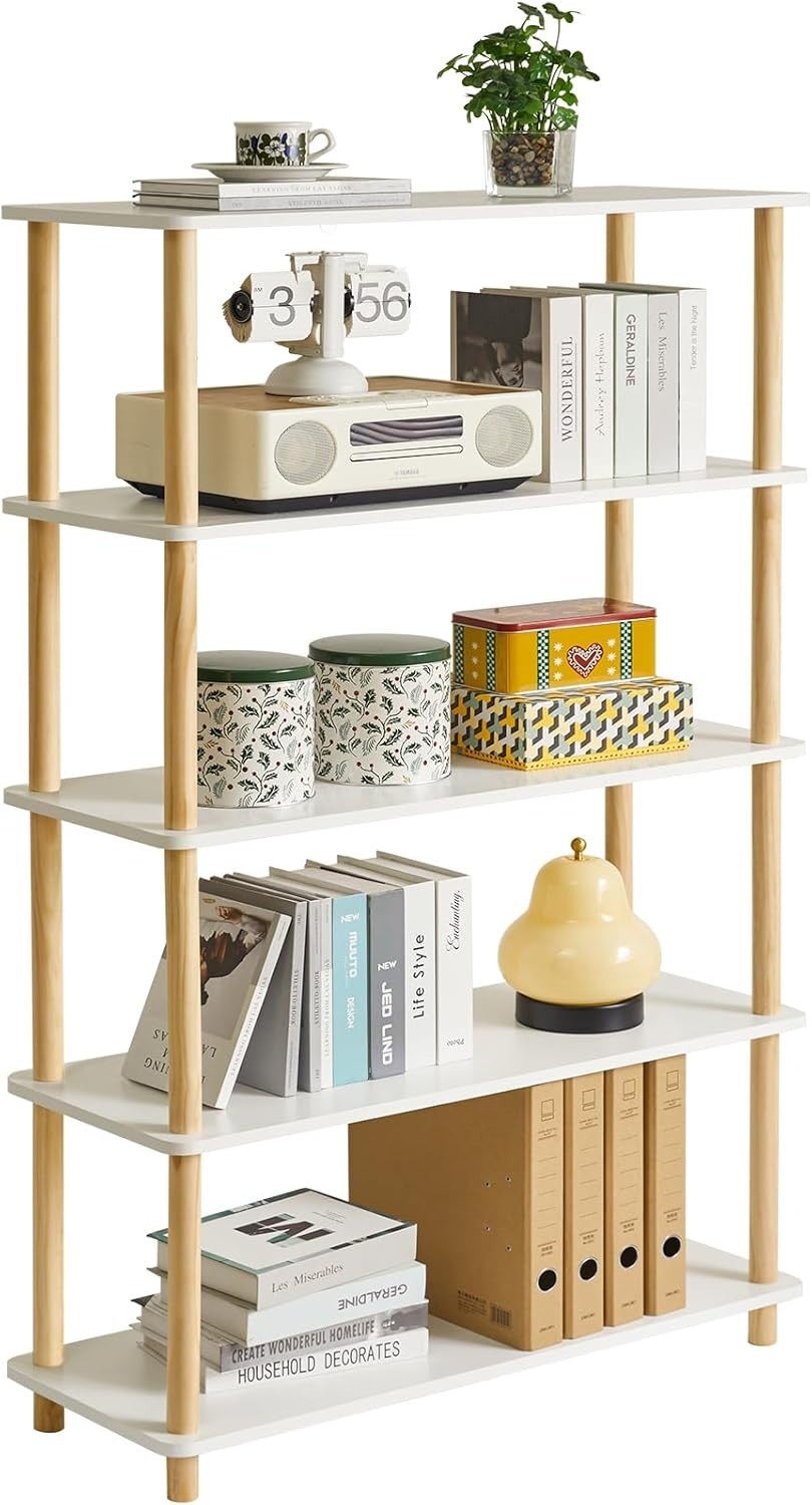 5 Tier Wooden Bookcase White Beech Legs Freestanding Storage Shelf 141cm