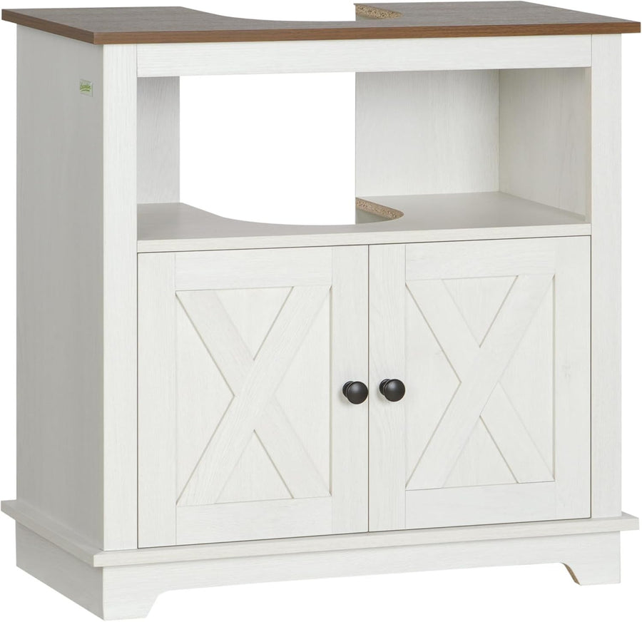 White Under Sink Bathroom Cabinet – 60cm Storage Unit with Doors & Shelf