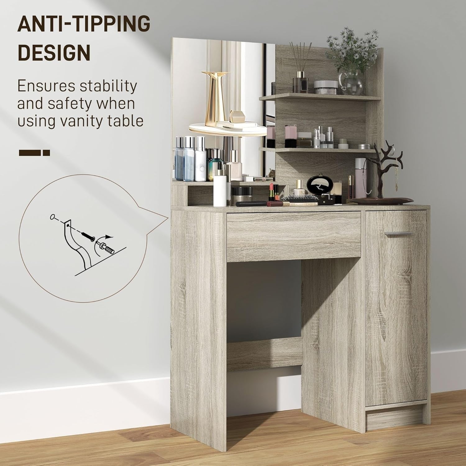 Natural Wood Dressing Table Vanity Set Mirror Stool Cabinet Drawer Makeup Storag