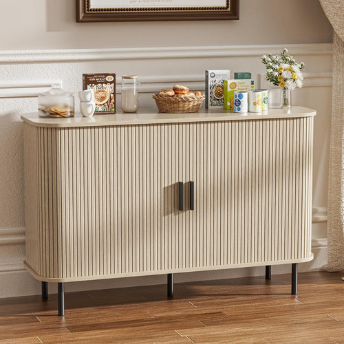 Modern Beige Sideboard Cabinet Buffet Cupboard with Sliding Tambour Doors