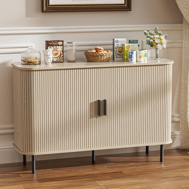 Modern Beige Sideboard Cabinet Buffet Cupboard with Sliding Tambour Doors
