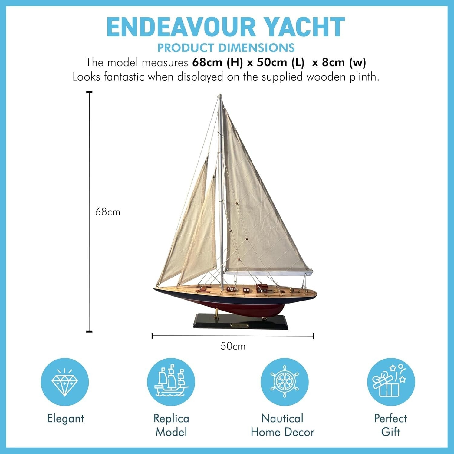 Wooden Endeavour Yacht Model 50cm | J Class Sailboat Decor | Fully Assembled