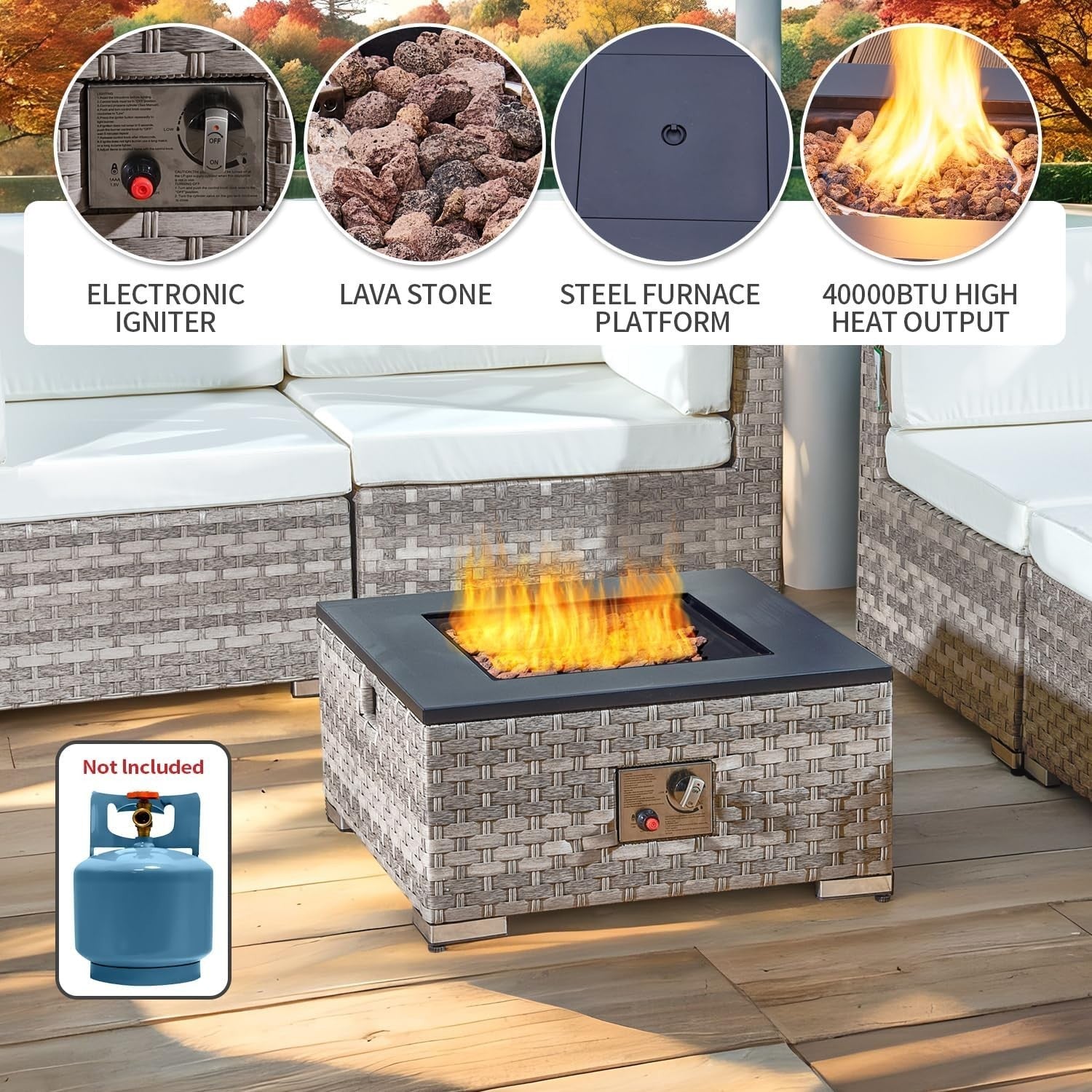 5-Piece Rattan Outdoor Fire Pit Patio Set with 40,000 BTU Gas Fire Table