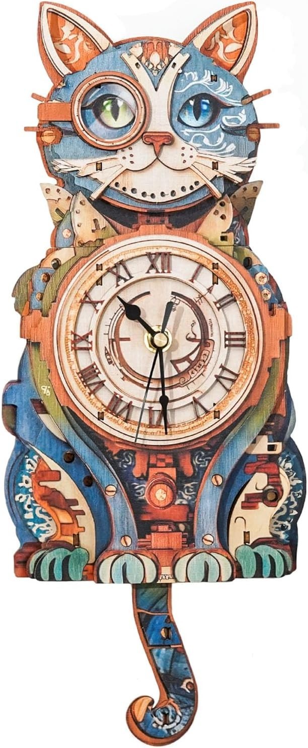 3D Wooden Cat Wall Clock Puzzle Kit – DIY Decor with Pendulum, Gift Idea