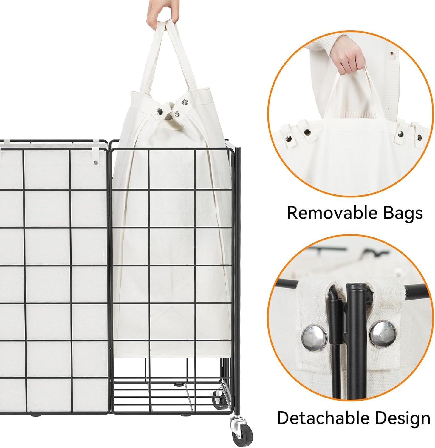 120L Double Laundry Hamper on Wheels with 2 Removable Bags Metal Rolling Basket