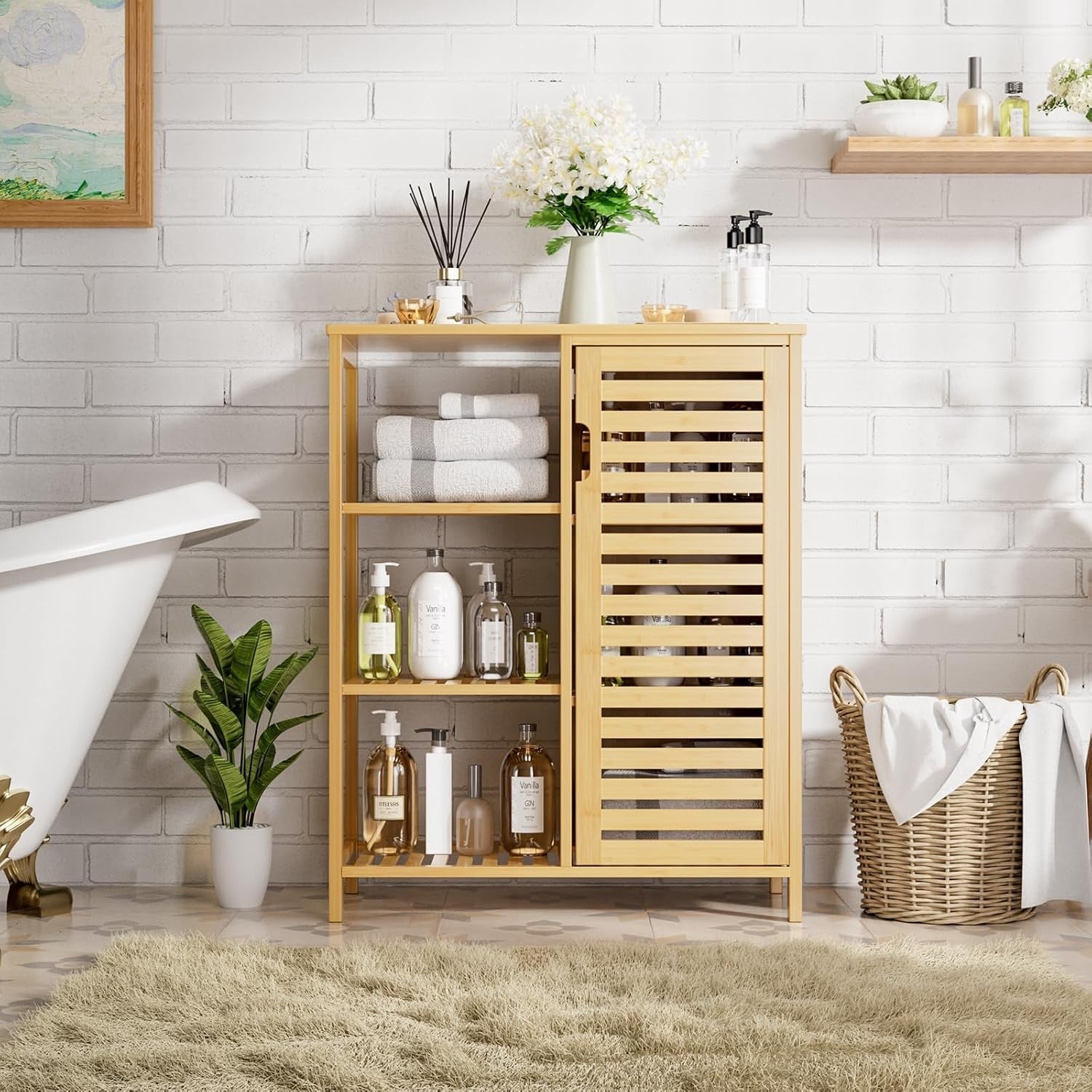 Natural Bamboo Storage Cabinet with Door & Shelves Modern 63x33x87cm