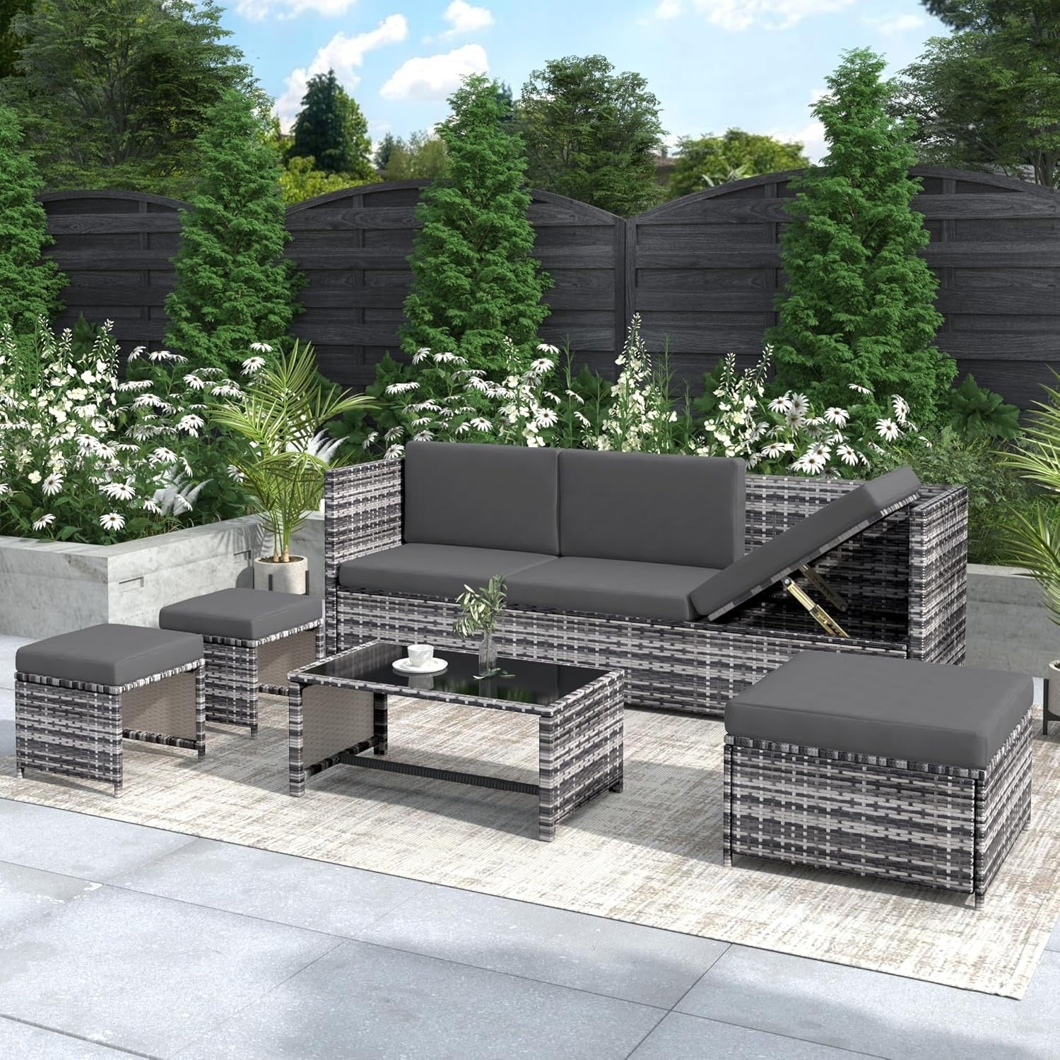 Grey 6-Seater Rattan Outdoor Corner Sofa Set with Cushions, Coffee Table & Stool