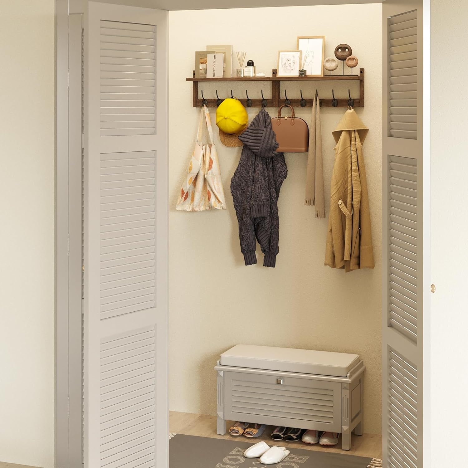 Wooden Wall Hook Rack with Shelf 87cm | 10 Hooks for Coats Hats Bags