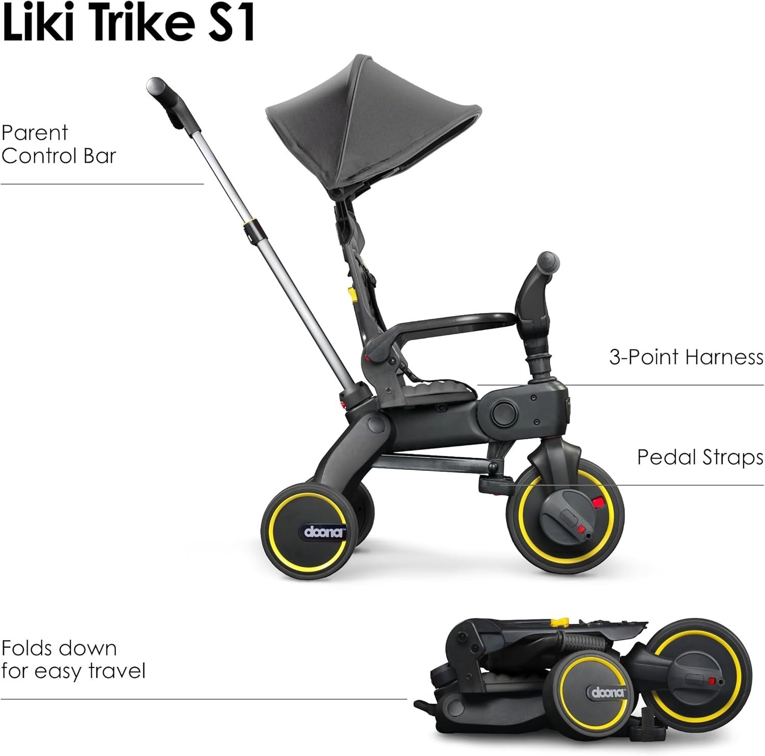 Premium Foldable Toddler Trike 4 in 1 Parent Handle Bike 10M-3Y Grey
