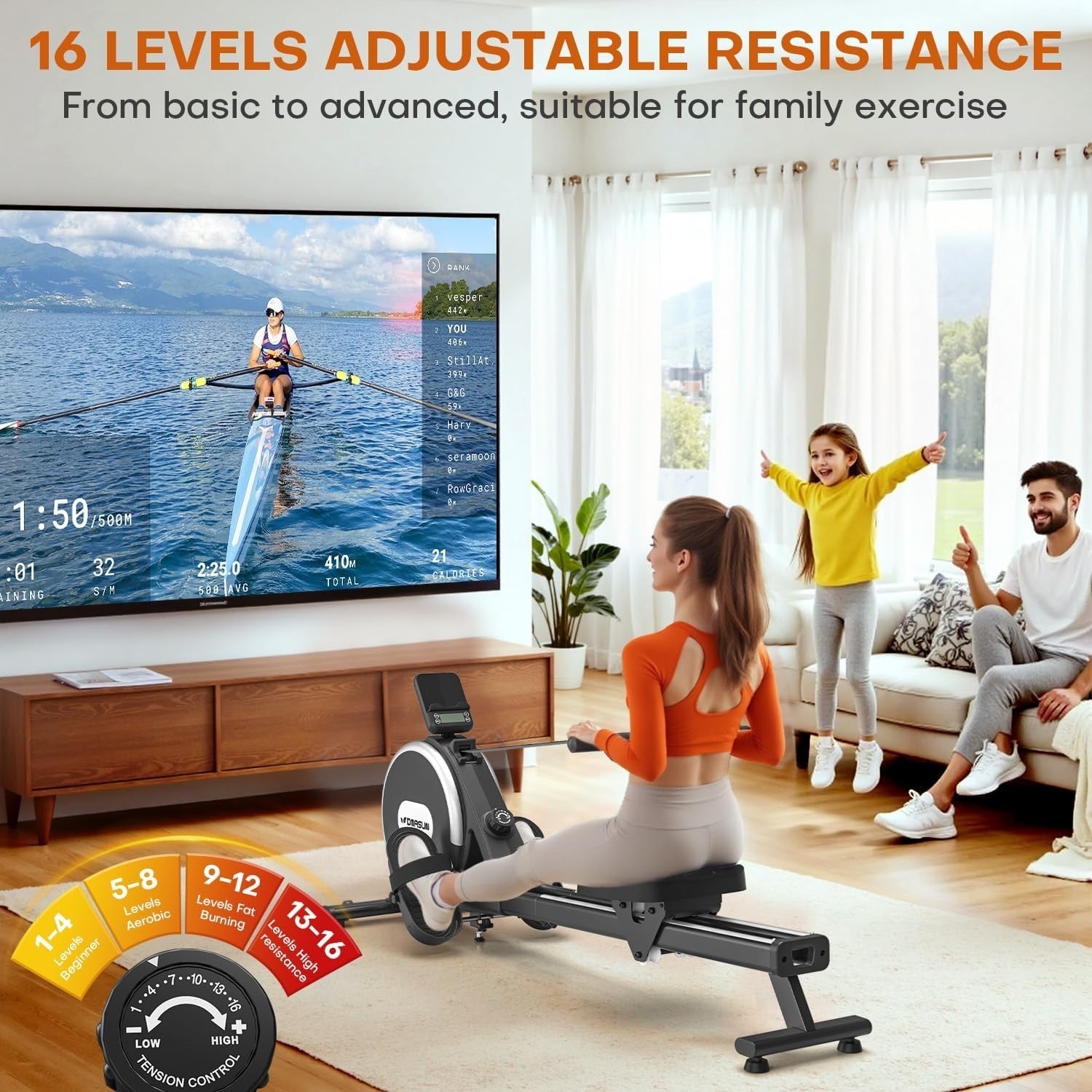 Magnetic Rowing Machine 16-Level Quiet Dual Rail Bluetooth Foldable Home Rower