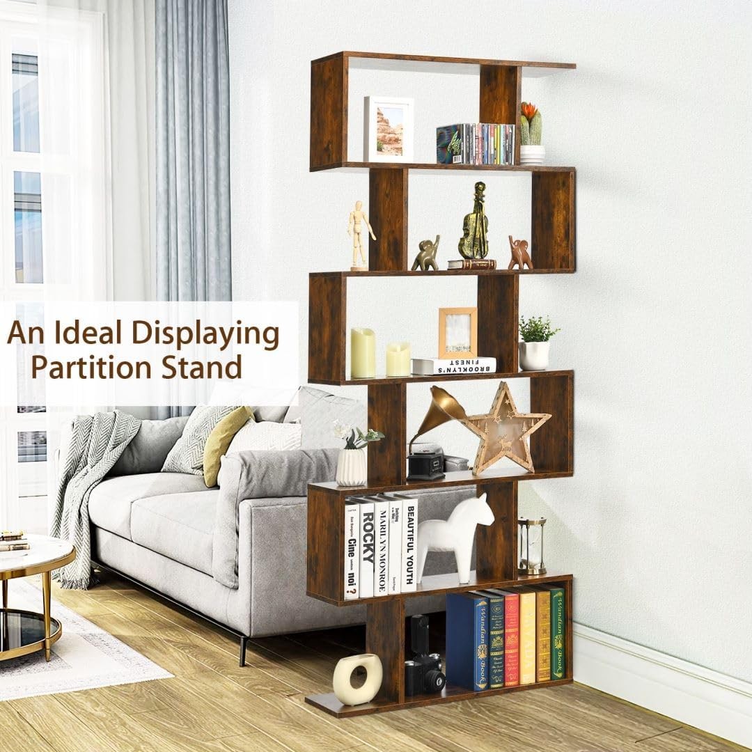 S-Shaped 6 Tier Bookcase Tall Freestanding Storage Shelving Unit 80x23x192cm