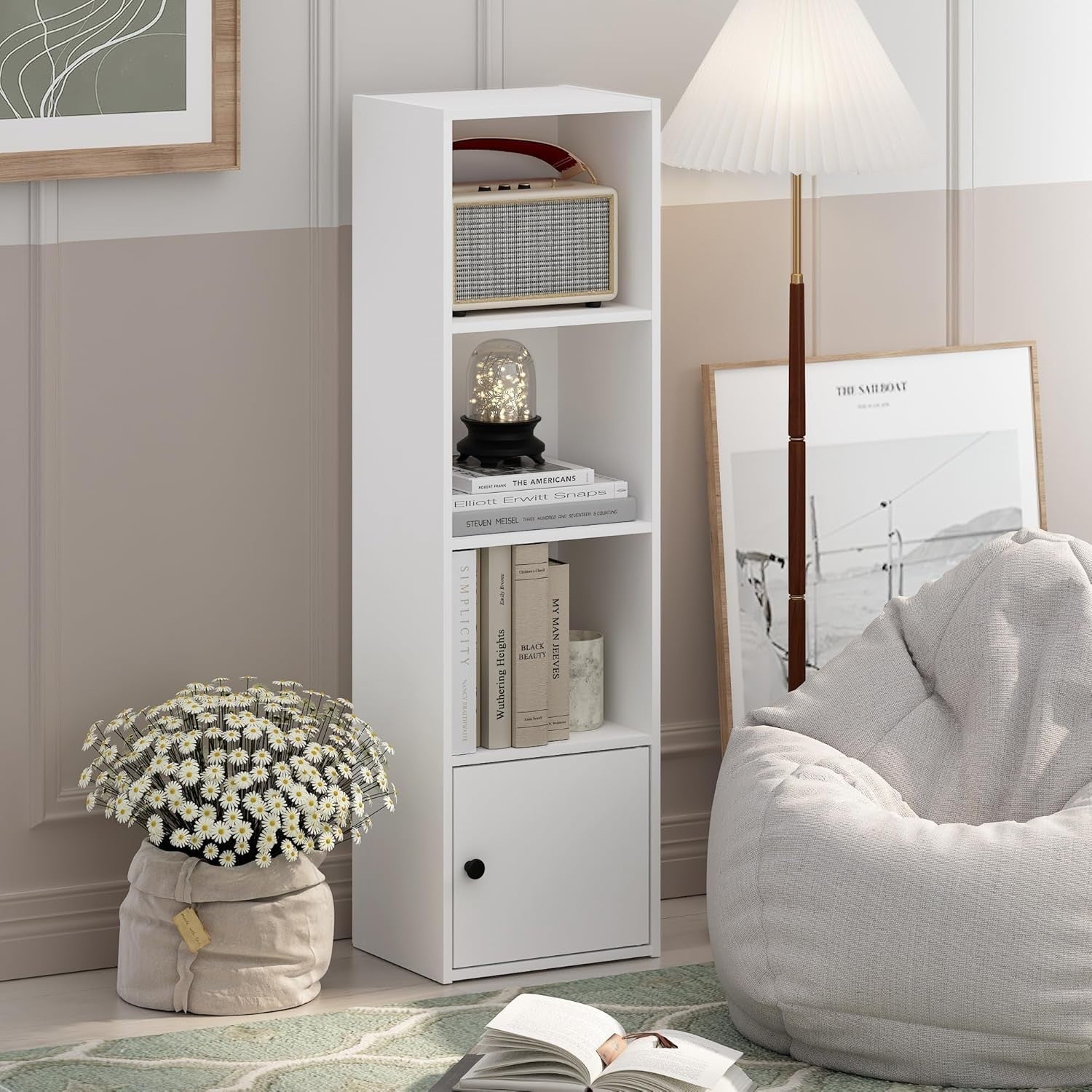 Modern 4-Tier White Bookshelf with 1 Door Cabinet Durable Storage Shelf