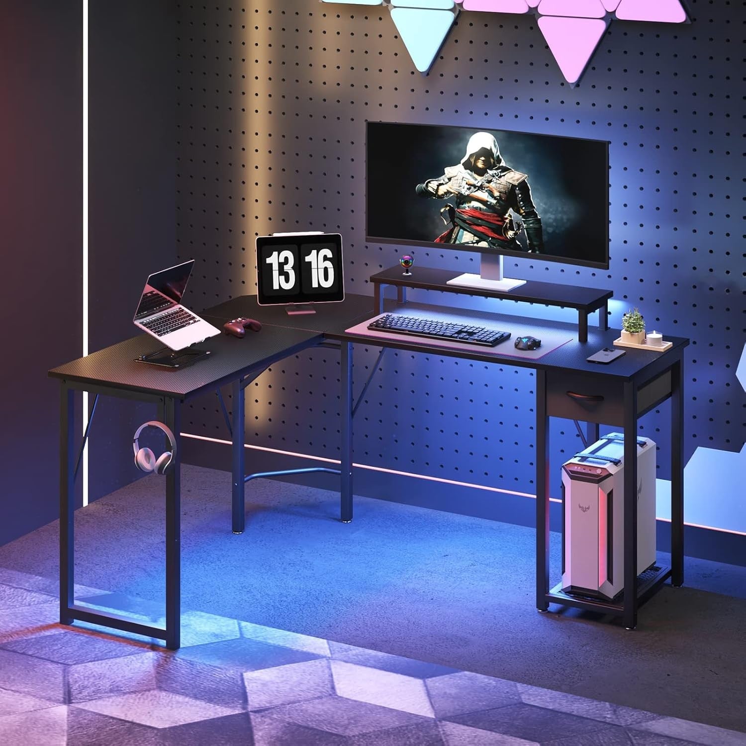 L Shaped Computer Desk Corner Gaming Table Monitor Stand Drawer Shelf