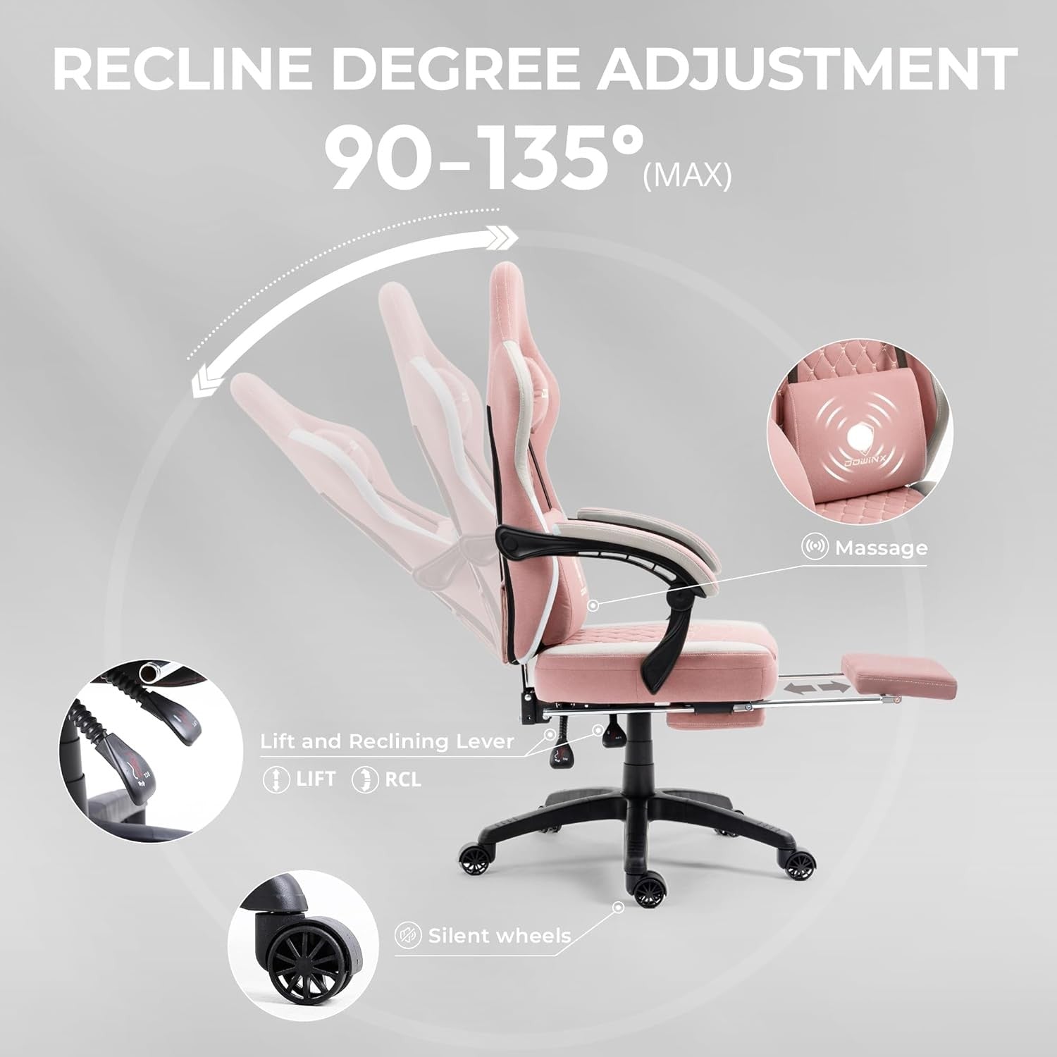 Massage Gaming Chair Fabric Recliner w/ Footrest 150kg Pink