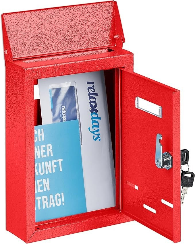 Lockable Wall Mounted Post Box Red Iron Compact Secure Mailbox 26.5x19x6.5cm