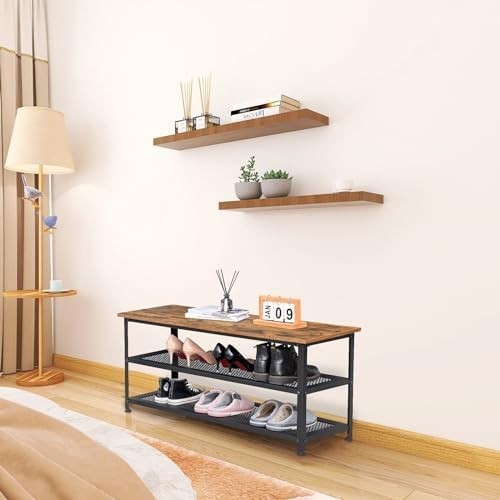 Rustic Brown Industrial Shoe Bench 100cm Storage Rack with Mesh Shelves