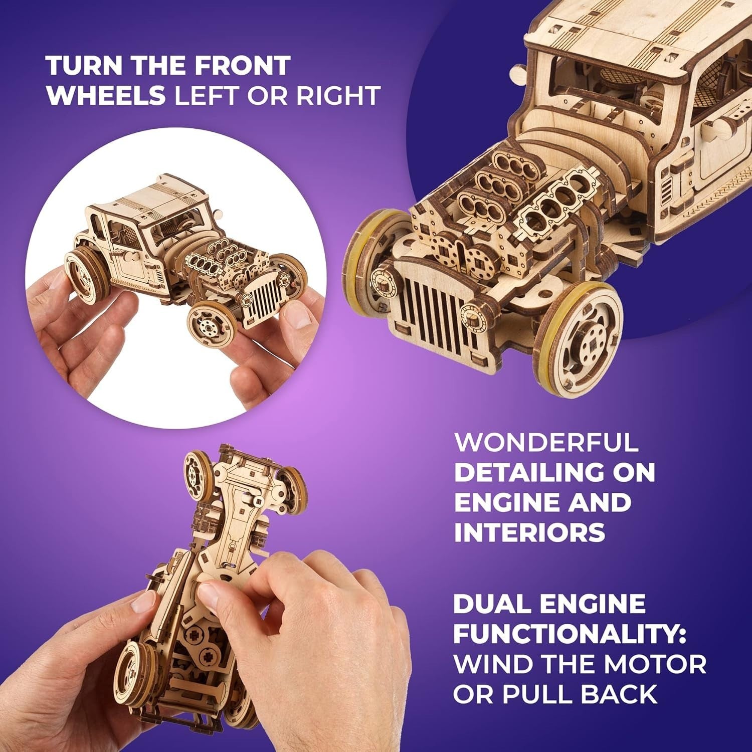 Dual Engine Wooden Car Model Kit with Steering & Locking Doors - DIY Build