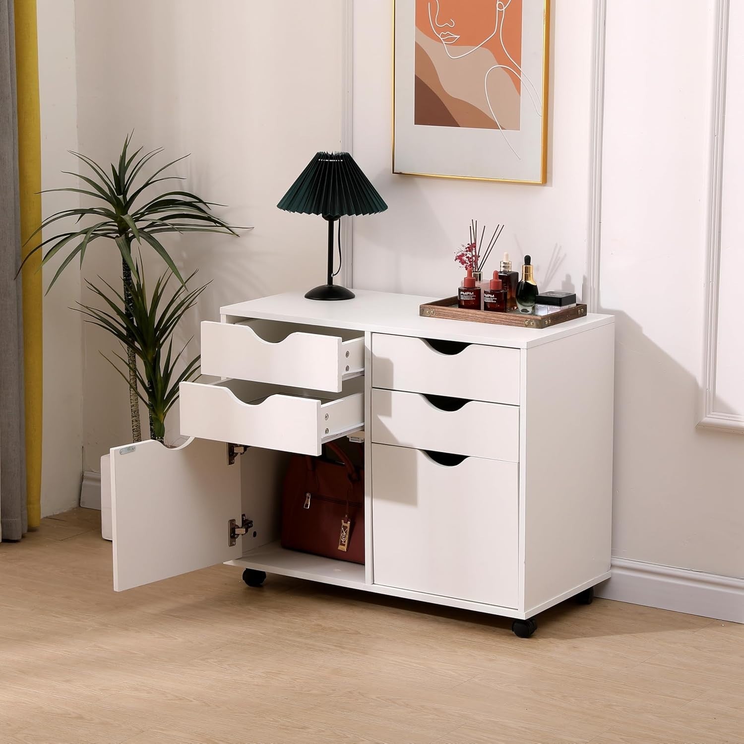 White Mobile Storage Cabinet 4 Drawer 2 Cupboard Rolling Office Unit