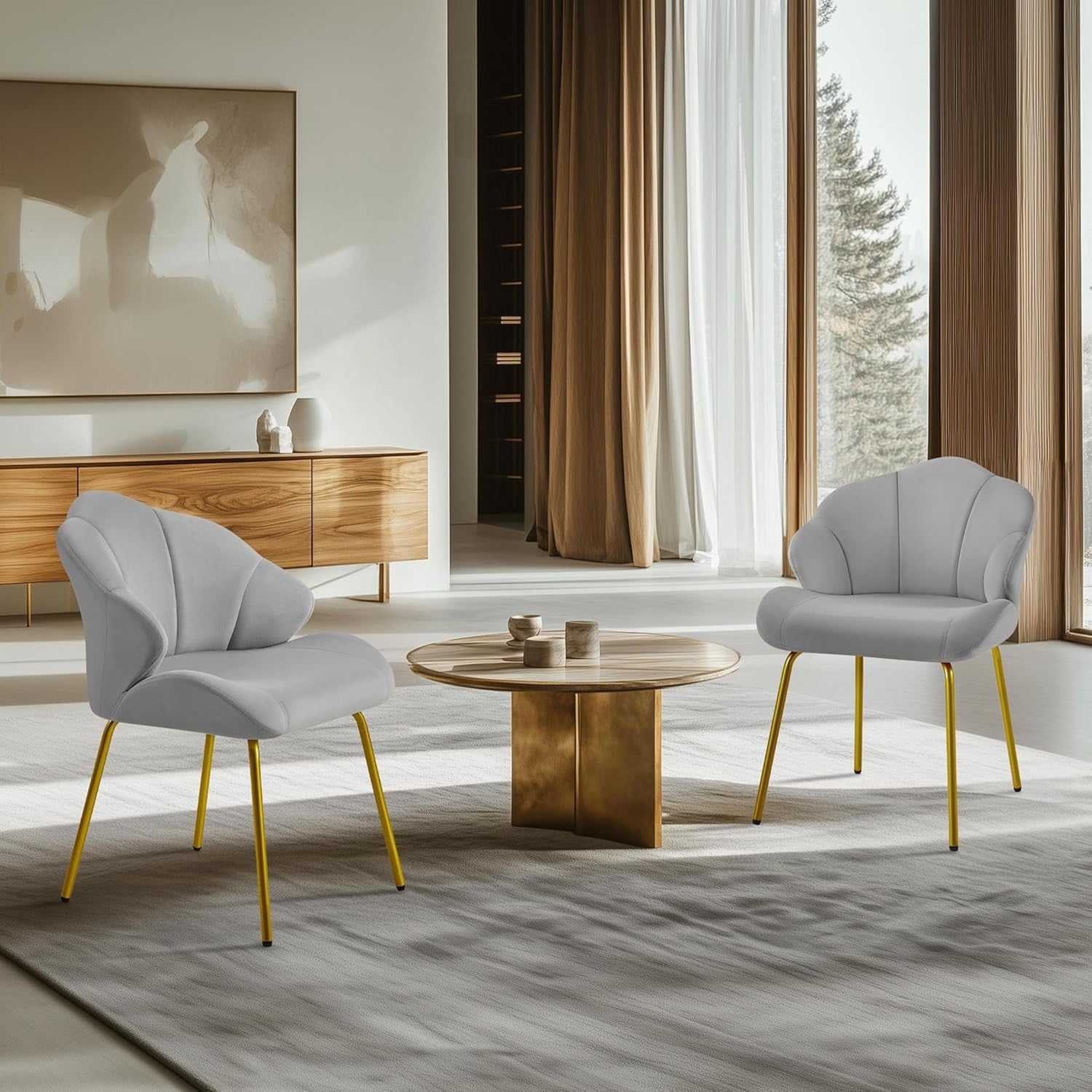 Light Grey Velvet Accent Chair Shell Back Vanity Chair