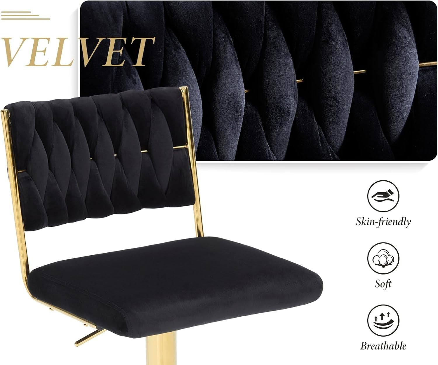 Adjustable Velvet Bar Stools Set of 2 Black Swivel Counter Chairs
