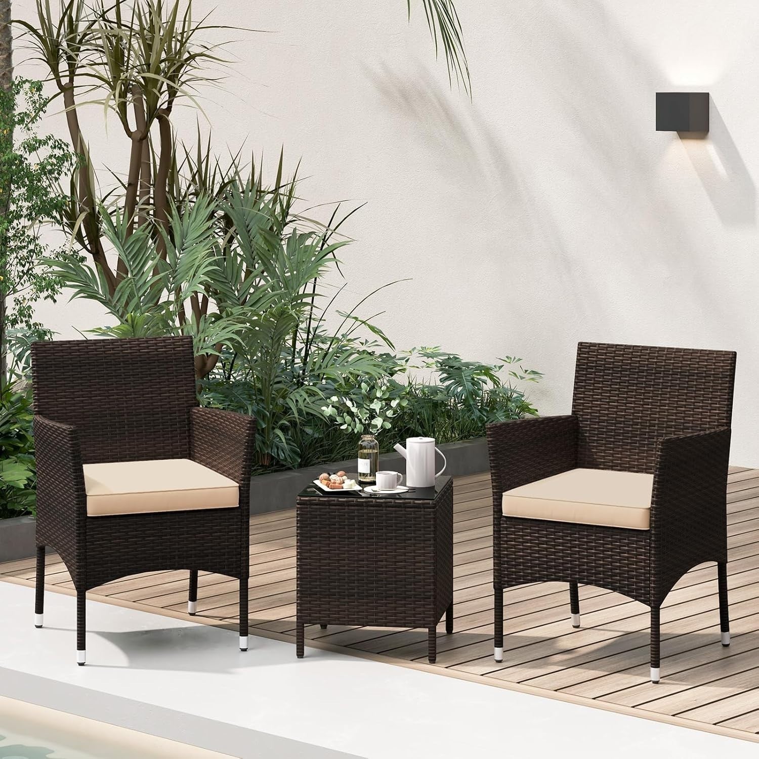 3PC Rattan Bistro Set Outdoor Patio Chairs with Table Cushioned Garden Set