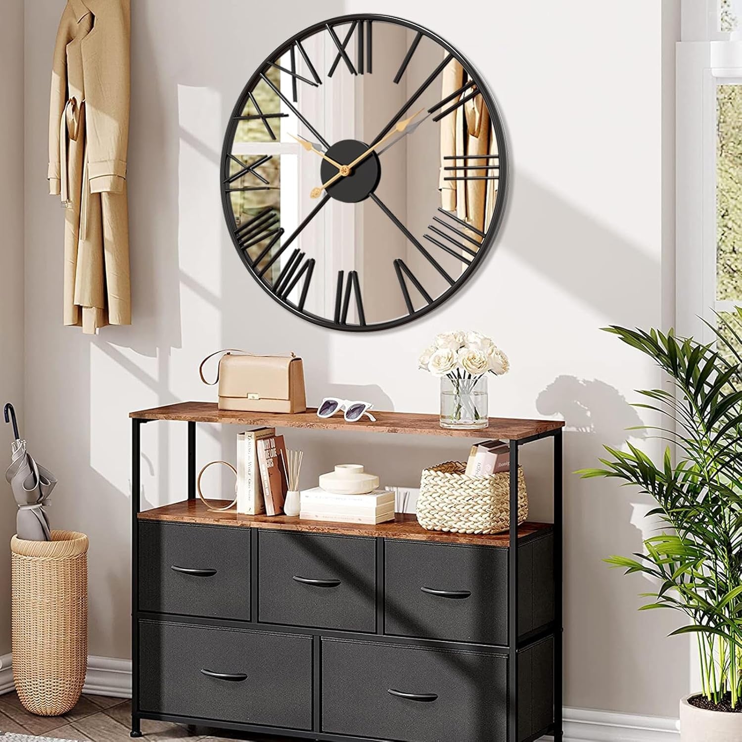 50cm Large Mirrored Wall Clock – Silent Roman Numeral Metal Modern Design