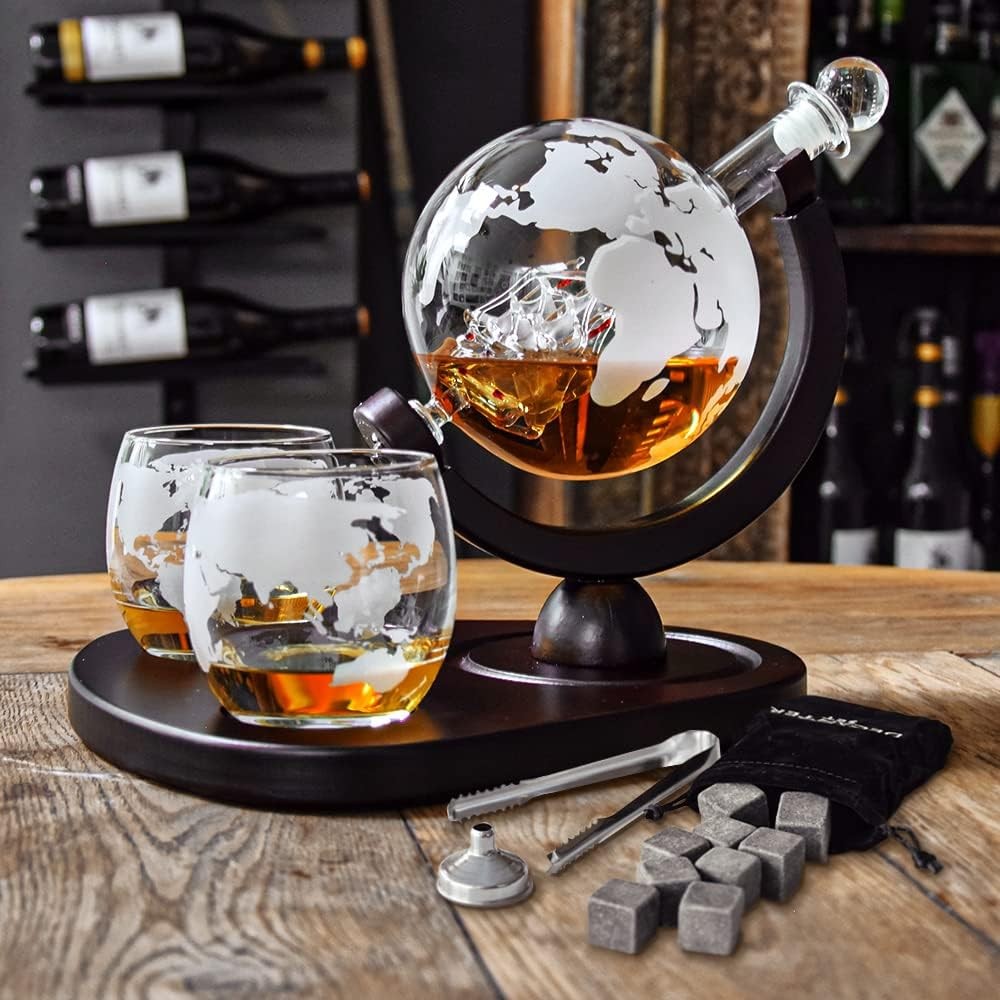 Globe Whiskey Decanter Set 850ml Glass Decanter 2 Glasses Rotating Stand