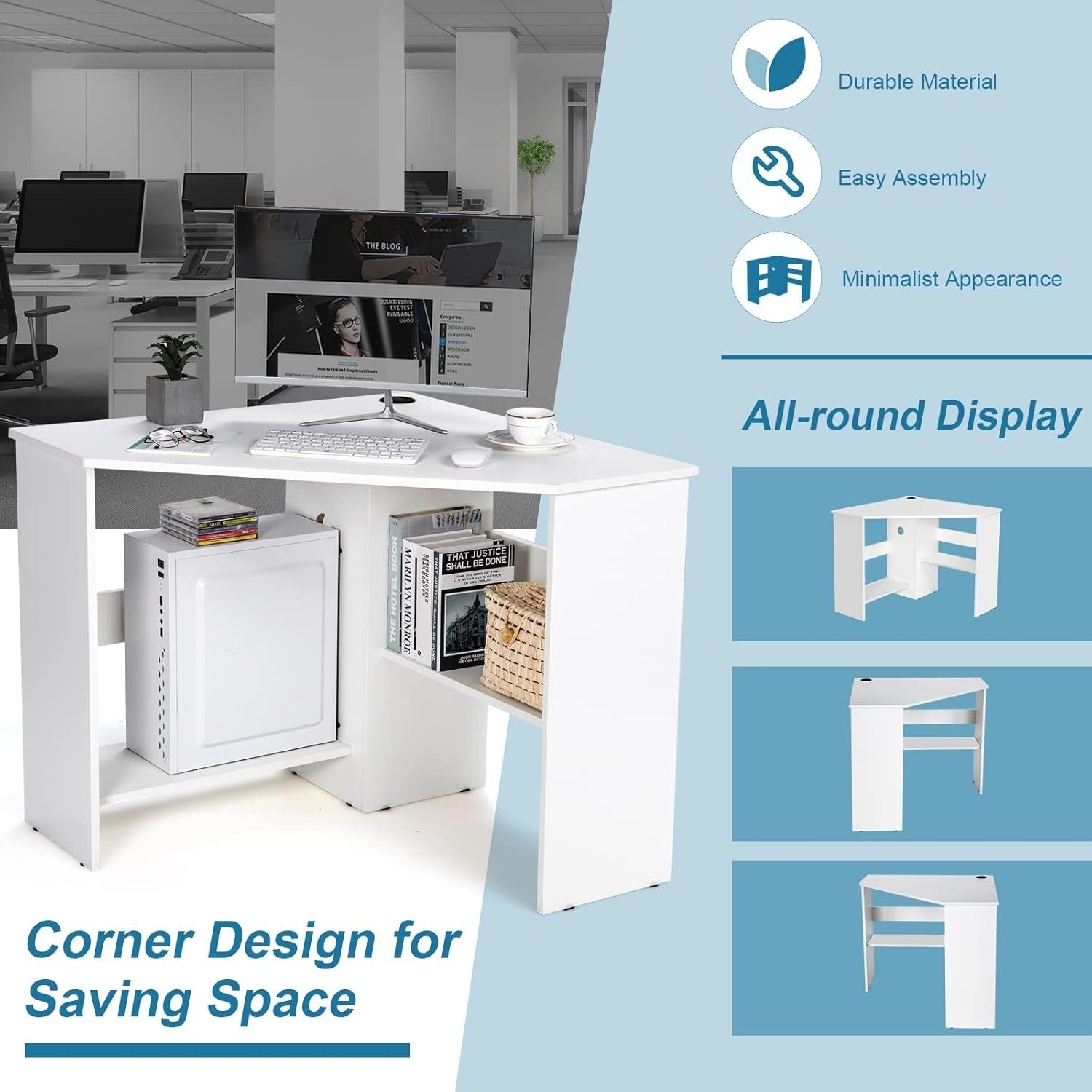 White Corner Computer Desk with Shelves & Cable Holes, Space-Saving 120cm