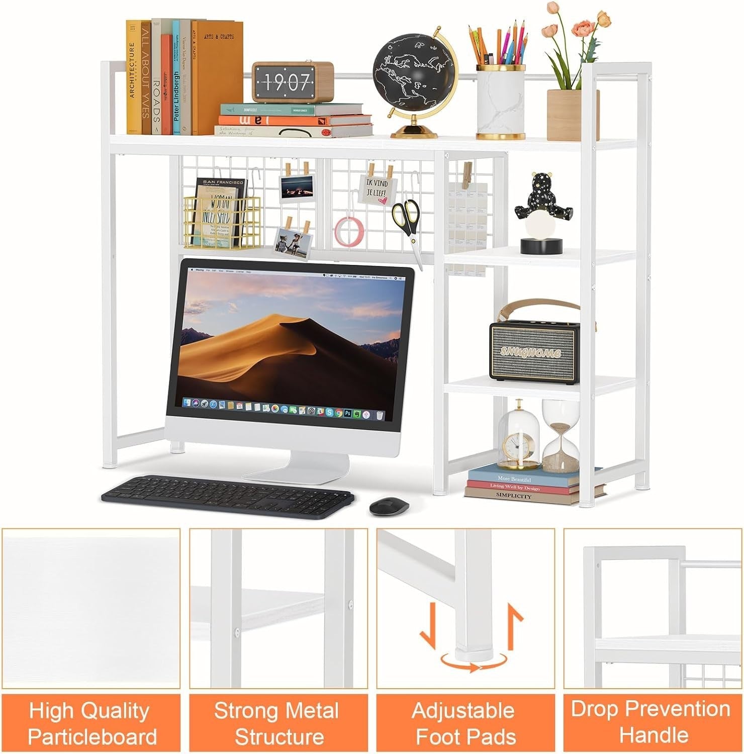 38.6" Desk Hutch Shelf with Pegboard Hooks 4-Tier Desktop Organizer for Monitor