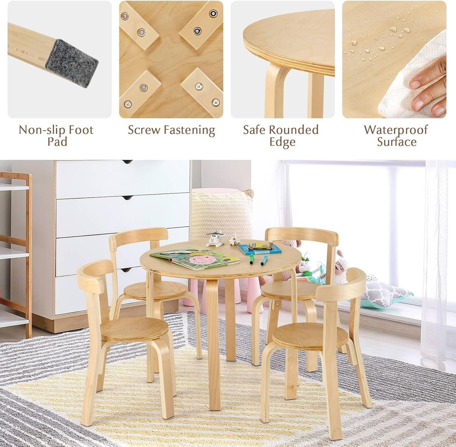 Kids 5-Piece Wooden Table & Chair Set with Ergonomic Chairs for Play & Learning