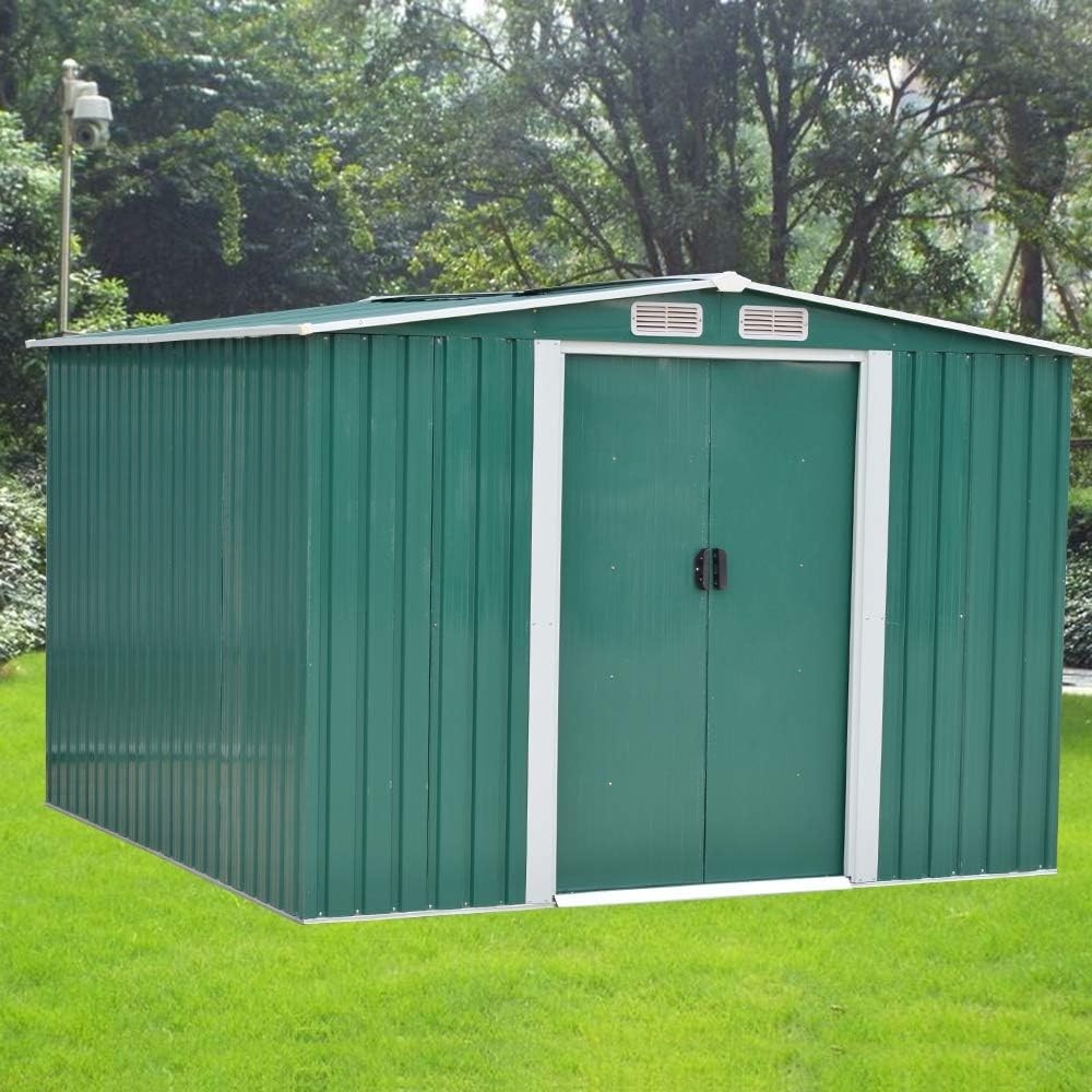 Outdoor Metal Garden Storage Shed Apex Roof 8x6FT Green
