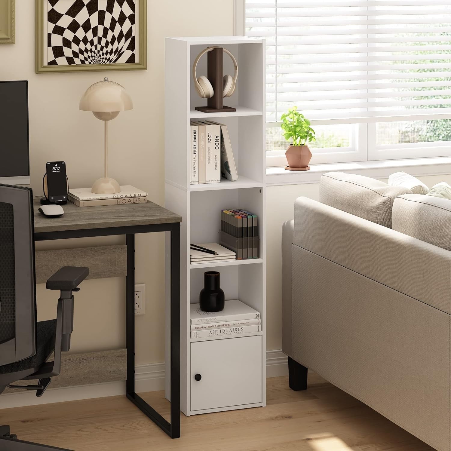 5-Tier White Bookshelf with 1 Door Storage Cabinet Modern Display Shelf