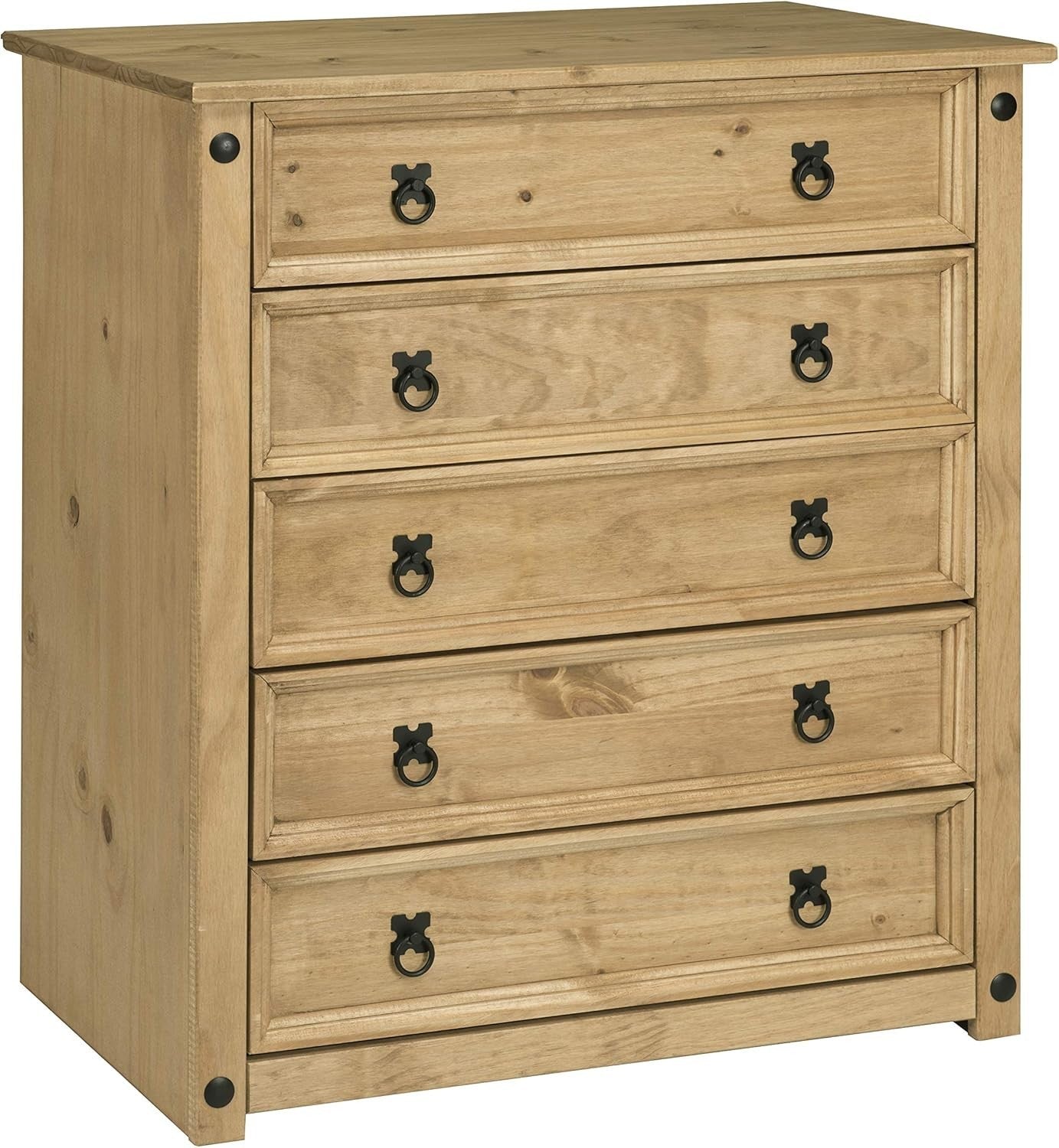 Solid Pine Chest of 5 Drawers, Rustic Waxed Wood Storage for Bedroom