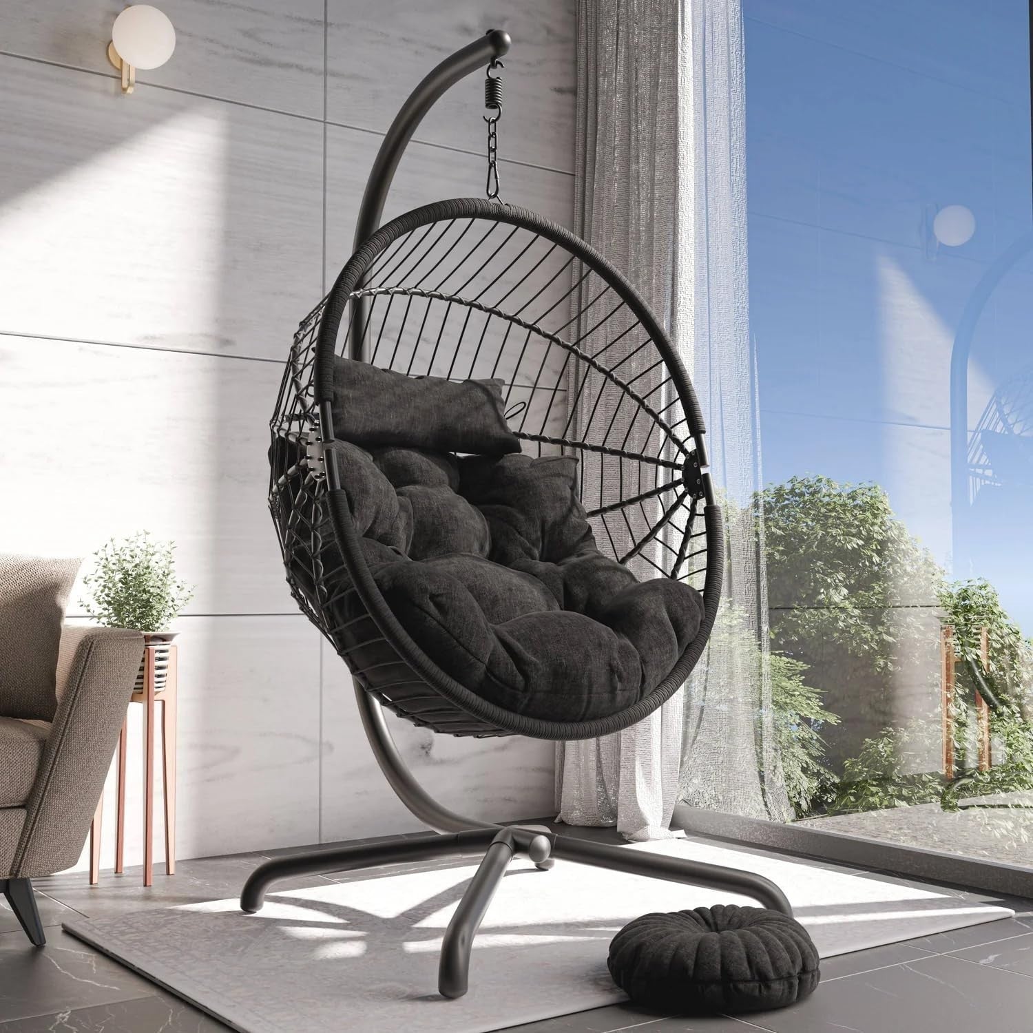Rattan Hanging Egg Chair with Cushion & Stand Indoor Outdoor Black