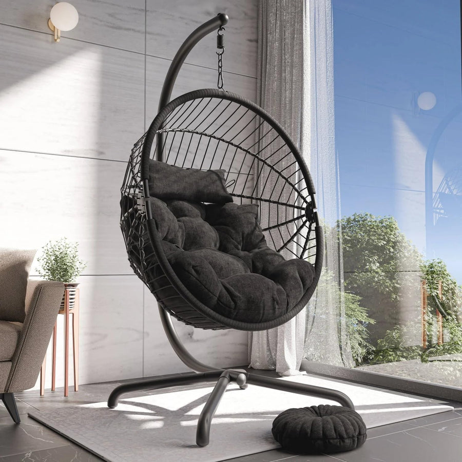 Rattan Hanging Egg Chair with Cushion & Stand Indoor Outdoor Black