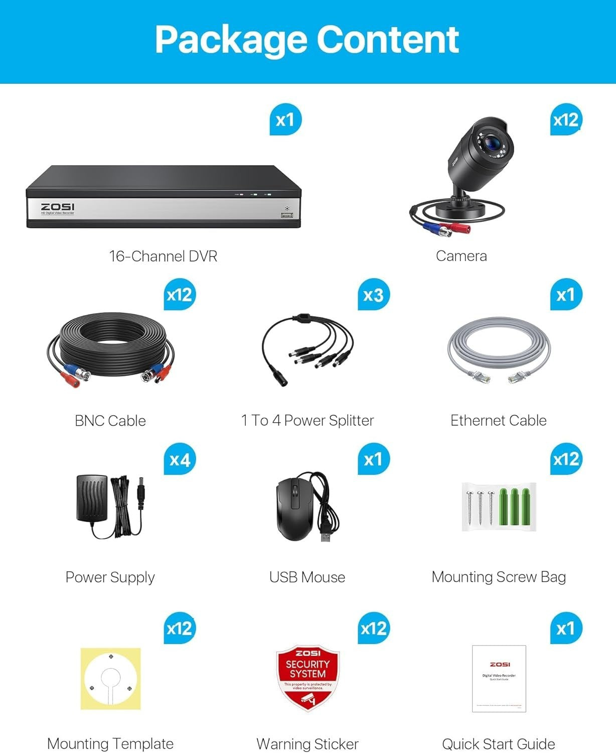 1080P CCTV Security System 16CH DVR 2TB HDD 12 Cameras AI Detection