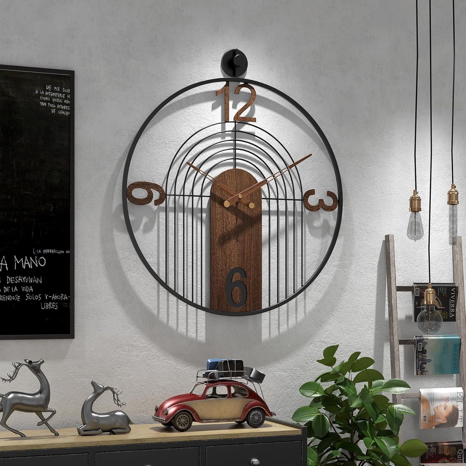 Large Silent Wall Clock Modern Walnut Metal Frame for Living Room Decor