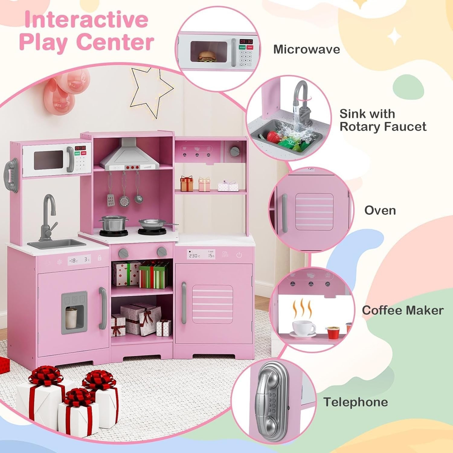Pink Corner Kids Play Kitchen Lights Sounds Ice Maker Toy