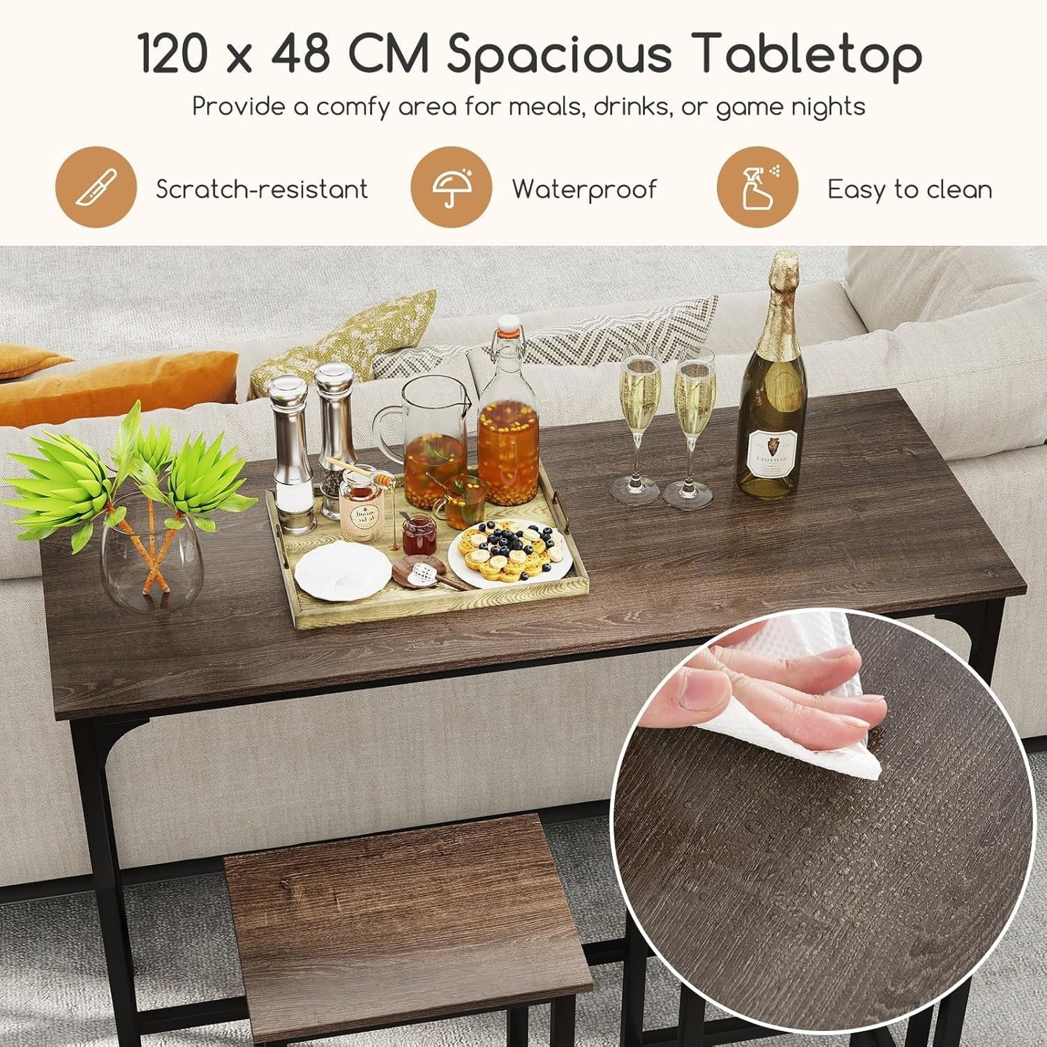 3 Piece Bar Table Set with Stools Space Saving Counter Height Dining Gray Black