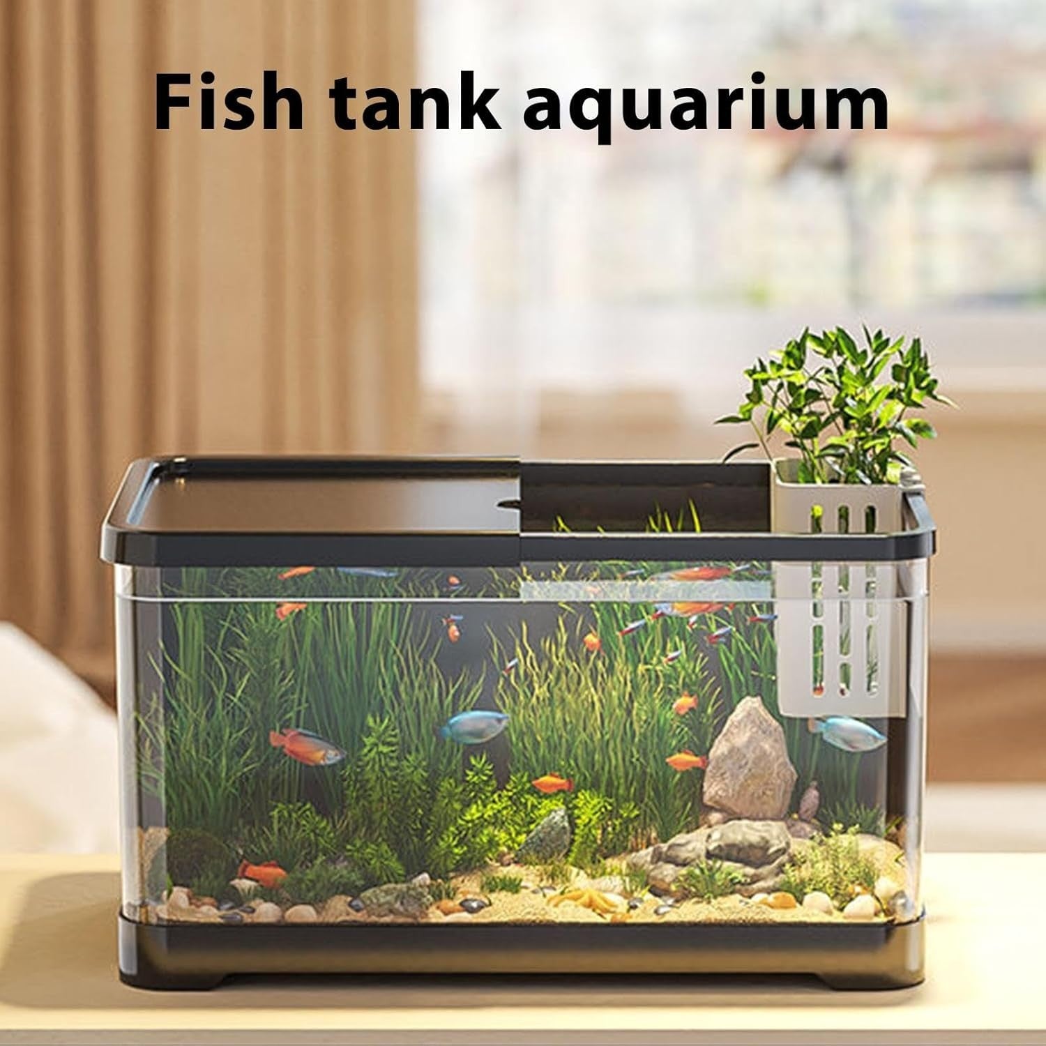Small Aquarium Kit 1.5 Gallon Desktop Fish Tank w/ Basket Black
