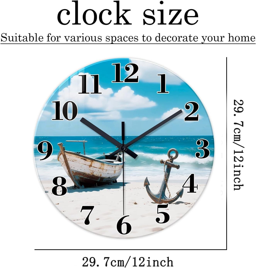 12" Coastal Beach Wall Clock Silent Non-Ticking Blue Ocean Boat Decor